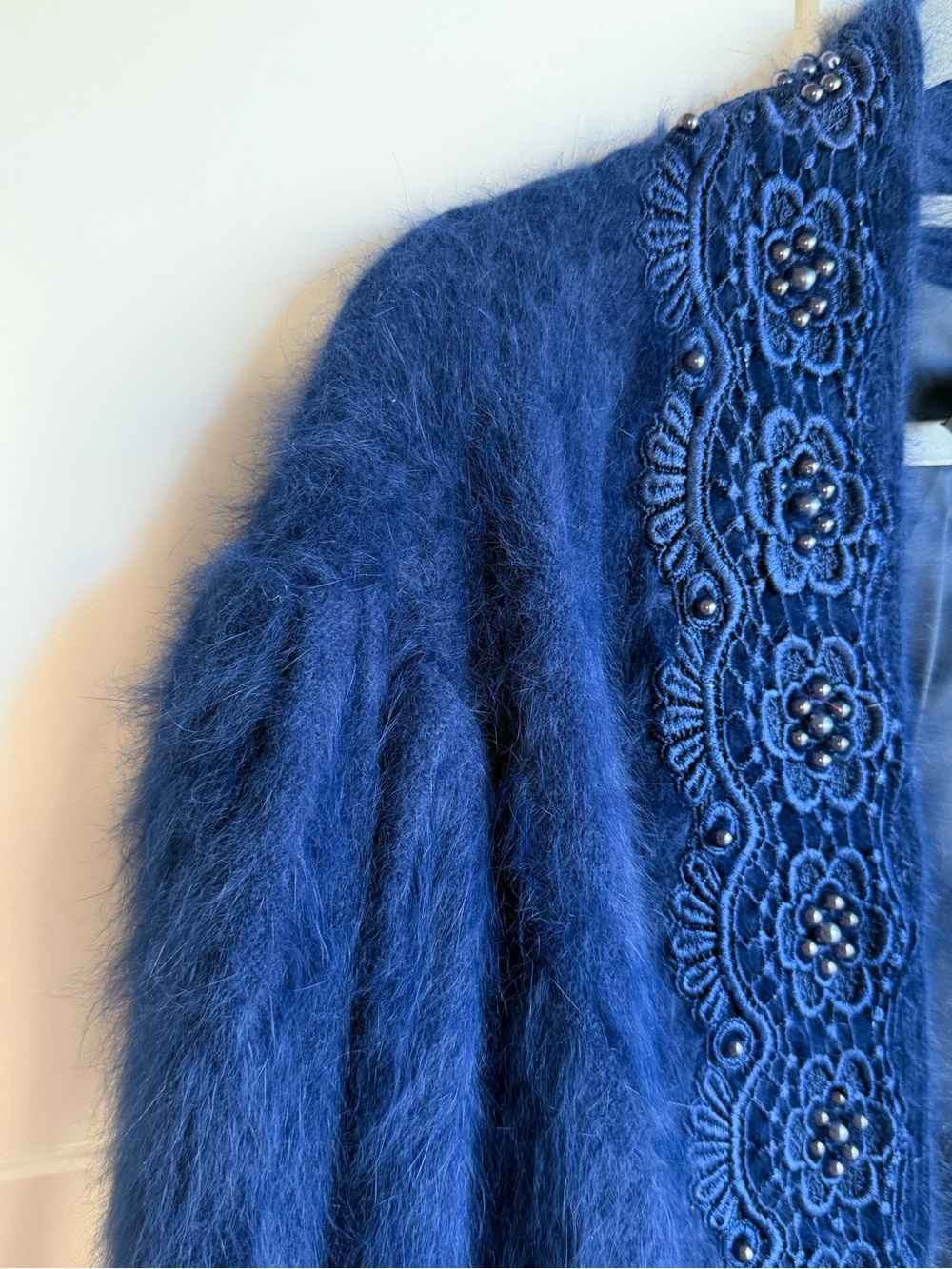 Vintage 80s Rosa Surk Young Cobalt Blue Angora Beaded Long Cardigan | Free Size - Picture 4 of 12